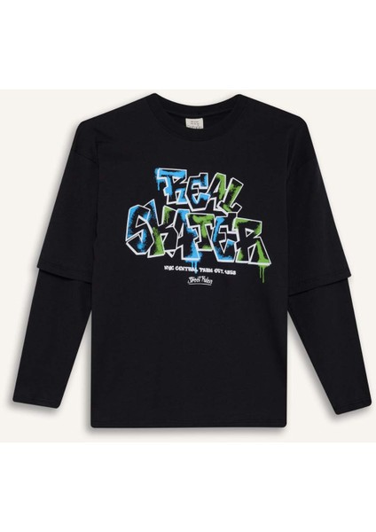 Erkek Çocuk Oversize Geniş Kalıp Bisiklet Yaka Baskılı Uzun Kollu Tişört E9585A825AU