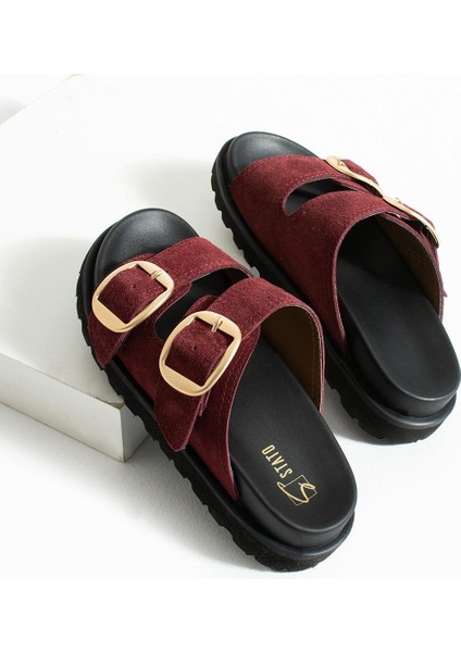 Tekstil-Nappa Hafif Comfort Kadın Bordo Terlik 25Y-1478