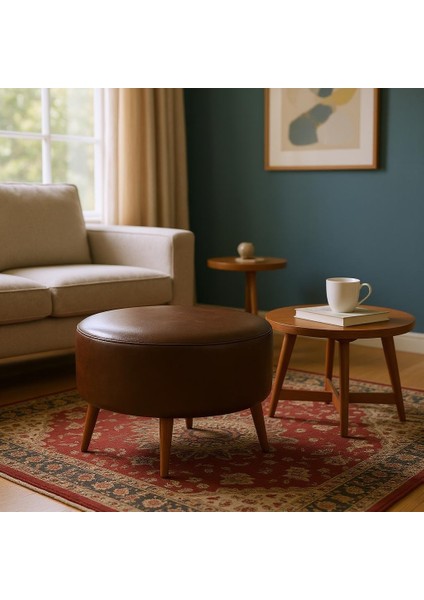 Büyük Yuvarlak Puf - Deri Kumaş - Ahşap Ayak - Acı Kahve fiyatları