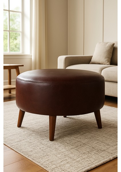 Büyük Yuvarlak Puf - Deri Kumaş - Ahşap Ayak - Acı Kahve modelleri