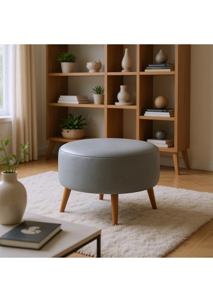Büyük Yuvarlak Puf - Deri Kumaş - Ahşap Ayak - Gri fiyatları