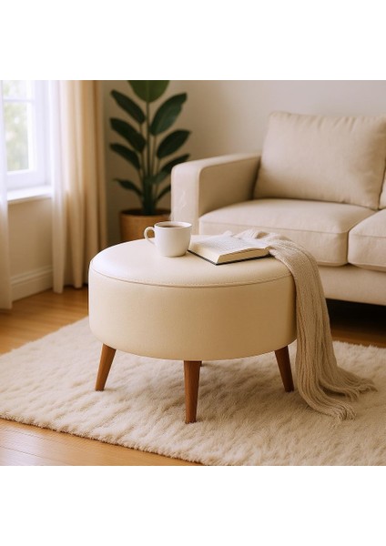 Büyük Yuvarlak Puf - Deri Kumaş - Ahşap Ayak - Krem fiyatları
