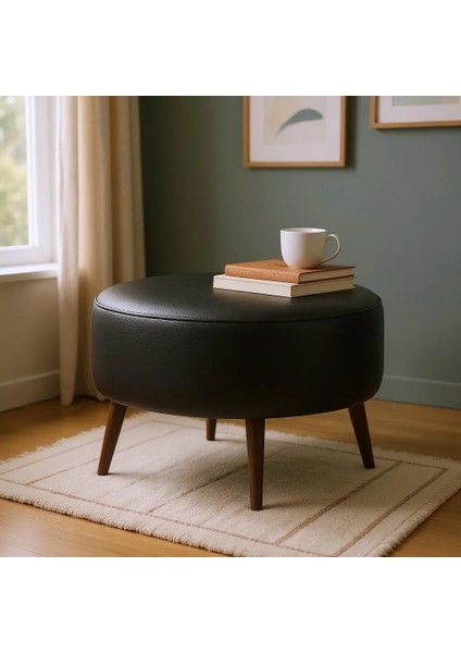 Büyük Yuvarlak Puf - Deri Kumaş - Ahşap Ayak - Siyah fiyatları
