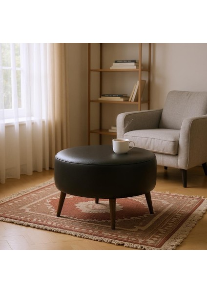 Büyük Yuvarlak Puf - Deri Kumaş - Ahşap Ayak - Siyah modelleri