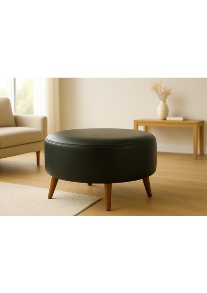 Büyük Yuvarlak Puf - Deri Kumaş - Ahşap Ayak - Siyah fırsatları