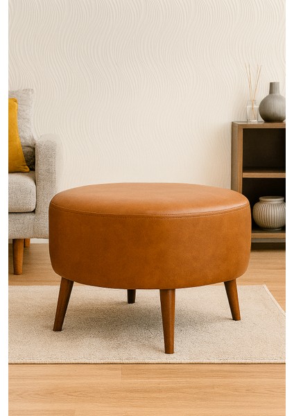 Büyük Yuvarlak Puf - Deri Kumaş - Ahşap Ayak - Taba