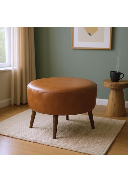 Büyük Yuvarlak Puf - Deri Kumaş - Ahşap Ayak - Taba fiyatları