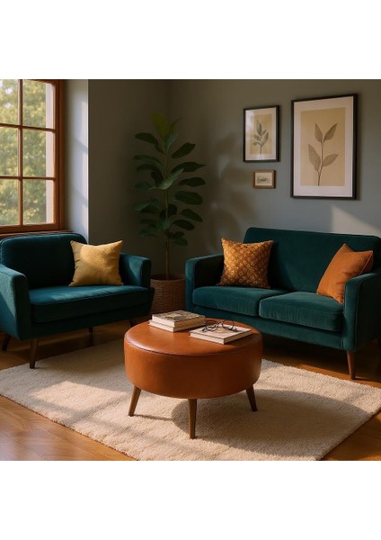 Büyük Yuvarlak Puf - Deri Kumaş - Ahşap Ayak - Taba fırsatları