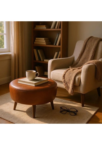 Büyük Yuvarlak Puf - Deri Kumaş - Ahşap Ayak - Taba indirimleri