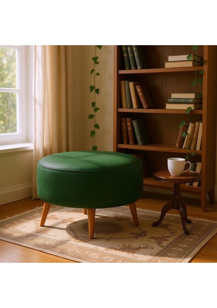 Büyük Yuvarlak Puf - Deri Kumaş - Ahşap Ayak - Yeşil fiyatları
