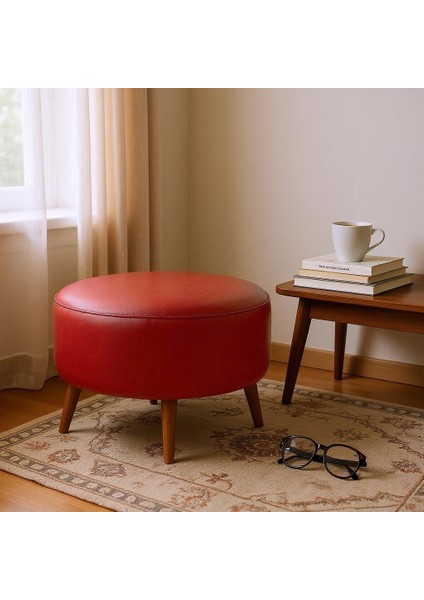 Büyük Yuvarlak Puf - Deri Kumaş - Ahşap Ayak - Kırmızı fiyatları
