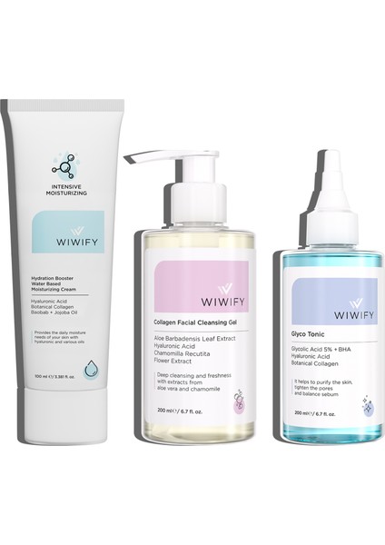 Wıwıfy Arındırıcı ve Nemlendirici 3'lü Cilt Bakım Seti – Aloe Vera, Papatya, Glikolik Asit ve Kolajen Destekli Vegan Formül