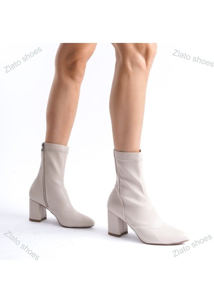 Kadın Bej Streç Orta Boy Topuklu Bot Şık ve Rahat Günlük ile Özel Gün Kullanımı