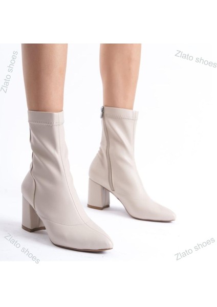 Kadın Bej Streç Orta Boy Topuklu Bot Şık ve Rahat Günlük ile Özel Gün Kullanımı