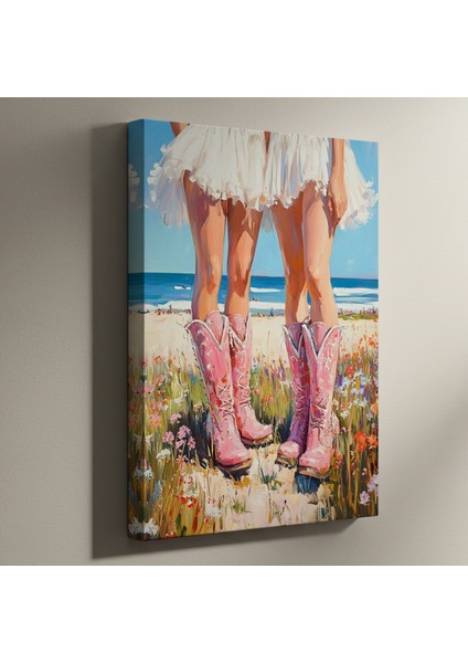 Pembe Kovboy Botları ve Deniz Manzarası Yağlıboya Tablosu