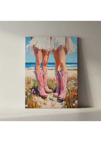 Pembe Kovboy Botları ve Deniz Manzarası Yağlıboya Tablosu fiyatları