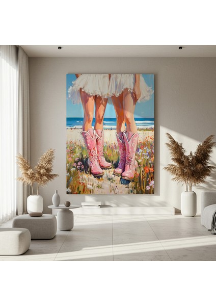 Pembe Kovboy Botları ve Deniz Manzarası Yağlıboya Tablosu fırsatları