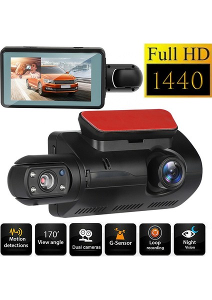 Çift Dash Cam Ön ve Içinde 1440P+1080P Araç Kara Kutu Dash Kamera 3 Inç IPS Kamera Kayıt Noktası Gece Görüşü (Yurt Dışından) fiyatları