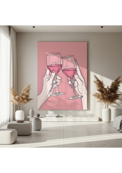 Pembe Tonlarda Şarap Kadehleri İllüstrasyon Tablosu fırsatları