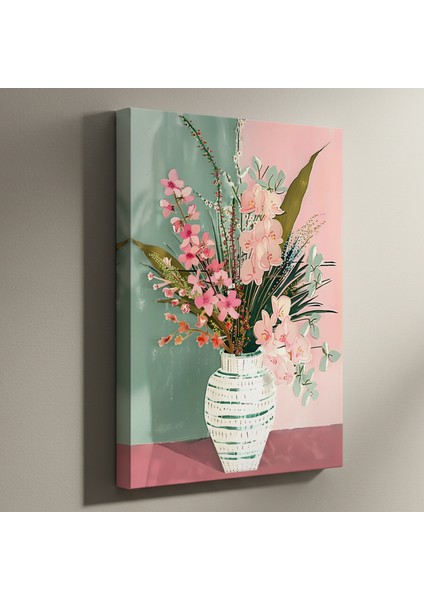 Pembe Çiçekler ve Geometrik Vazolu Modern Sanat Tablosu