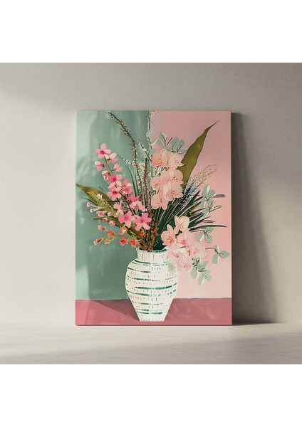 Pembe Çiçekler ve Geometrik Vazolu Modern Sanat Tablosu fiyatları