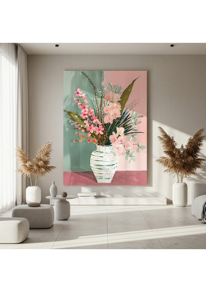 Pembe Çiçekler ve Geometrik Vazolu Modern Sanat Tablosu fırsatları
