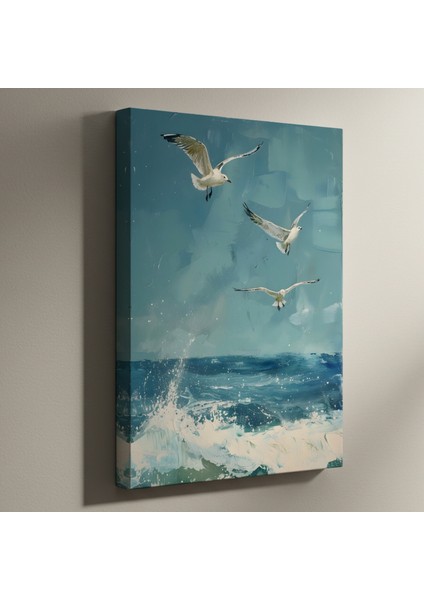 Üç Martı ve Dalgalar Soyut Yağlıboya Tablosu