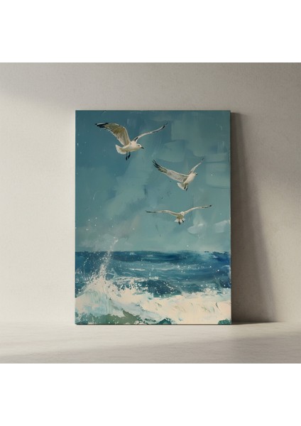 Üç Martı ve Dalgalar Soyut Yağlıboya Tablosu fiyatları