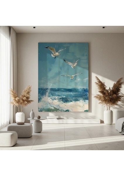 Üç Martı ve Dalgalar Soyut Yağlıboya Tablosu fırsatları