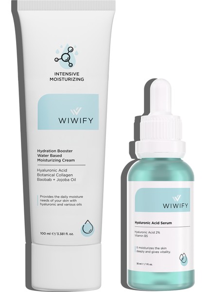 Cilt Bakım Seti Su Bazlı Yoğun Nemlendirici Krem ve Hyaluronik Asit Serum 2'li Tüm Cilt Tiplerine Uygun
