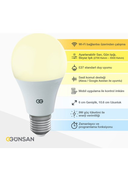 Akıllı Wifi LED Ampul Beyaz Işık Tuya ve Smart Life Uygulama Destekli (9W 2700K-6500K Ayarlanabilir)