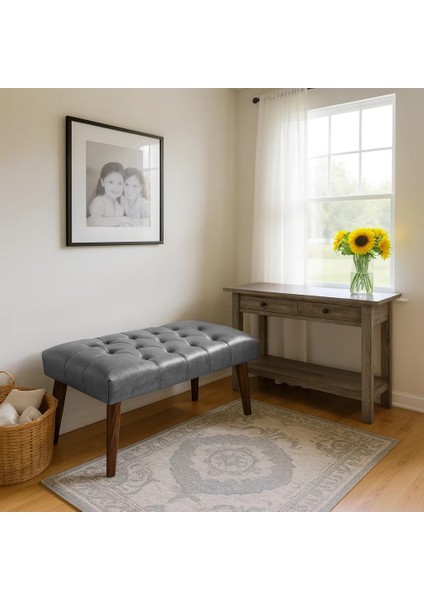 - Bench Bank - Deri Kumaş - Ahşap Ayak - Gri