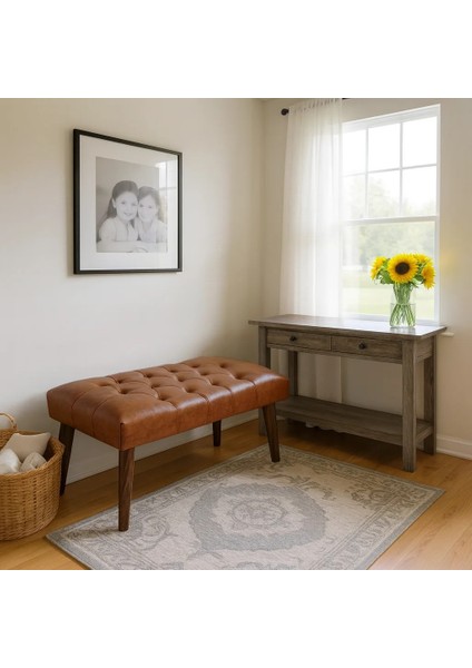- Bench Bank - Deri Kumaş - Ahşap Ayak - Taba