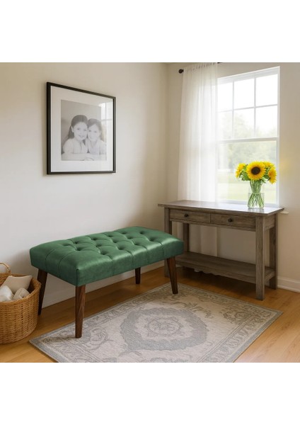 - Bench Bank - Deri Kumaş - Ahşap Ayak - Yeşil