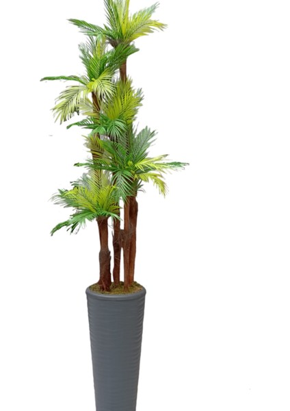 Dev Boy Areka Palmiye Ağacı 5 Gövde 45 Yaprak 240 cm Ev ve Ofis Için Yapay Ağaç Kumsal Vazoda