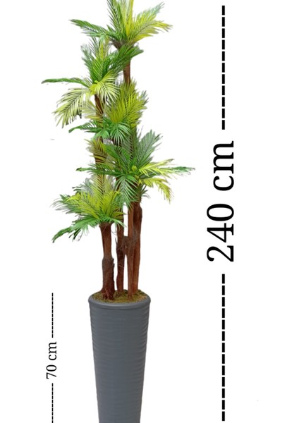 Dev Boy Areka Palmiye Ağacı 5 Gövde 45 Yaprak 240 cm Ev ve Ofis Için Yapay Ağaç Kumsal Vazoda
