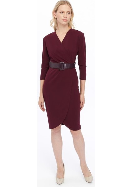 Kadın Krep Mor Kruvaze Kemerli Midi Anvelop Elbise 3753-100