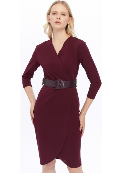 Kadın Krep Mor Kruvaze Kemerli Midi Anvelop Elbise 3753-100 fiyatları