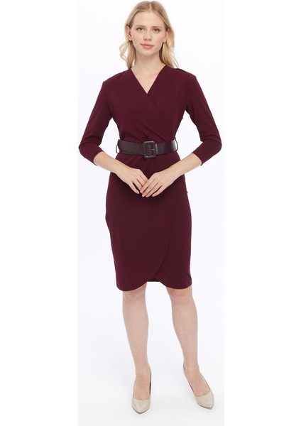 Kadın Krep Mor Kruvaze Kemerli Midi Anvelop Elbise 3753-100 fırsatları