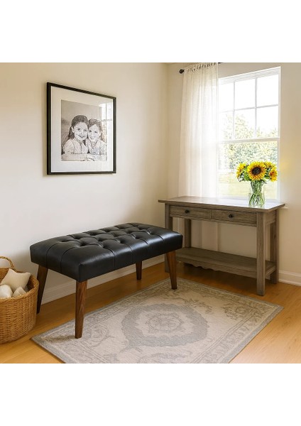 - Bench Bank - Deri Kumaş - Ahşap Ayak - Siyah