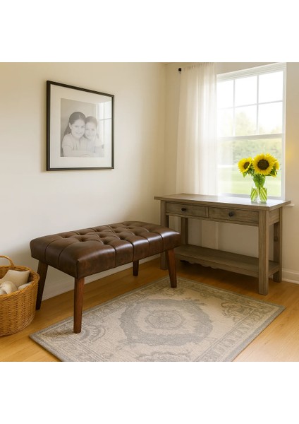 - Bench Bank - Deri Kumaş - Ahşap Ayak - Acı Kahve