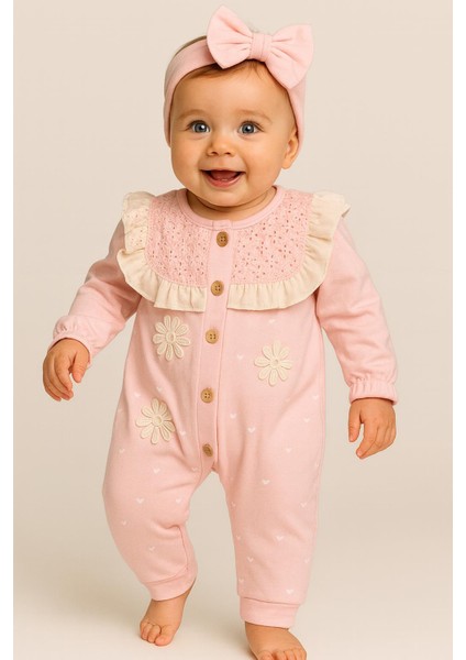 Kız Bebek Çiçek Nakışlı Bandanalı Fırfırlı Tulum – Pembe 9340