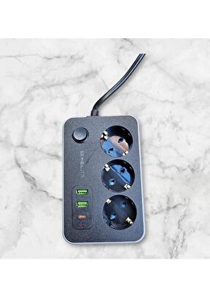 Akım Korumalı 2mt 3'lü Priz Uzatma Kablosu USB ve Type-C Girişli