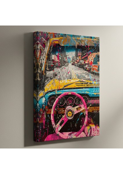 Soyut Pop Art Stili Şehir Manzaralı Araba Tablosu