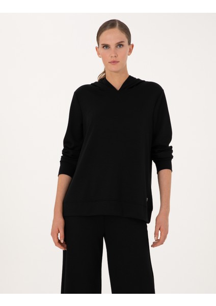 Kadın Siyah Oversize Modal Karışımlı Kapüşonlu Sweatshirt 50314972-VR046