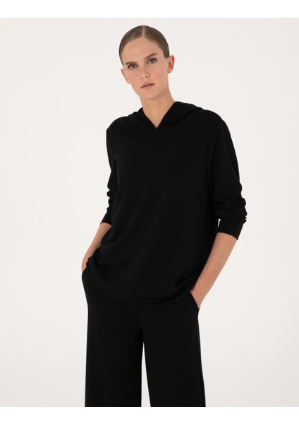 Kadın Siyah Oversize Modal Karışımlı Kapüşonlu Sweatshirt 50314972-VR046 modelleri