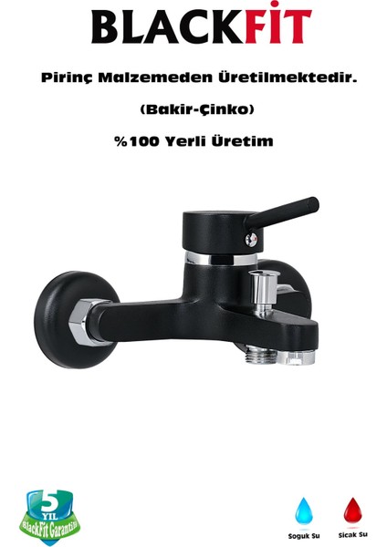 Siyah Çubuk Kol Banyo Duş Bataryası Banyo Çeşmesi Çift Su Girişli 5 Yıl Garantili