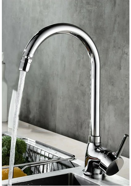Krom Çift Su Girişli Pirinç Çubuk Kol Eviye Mutfak Bataryası Oynar Başlıklı Sıcak Soğuk