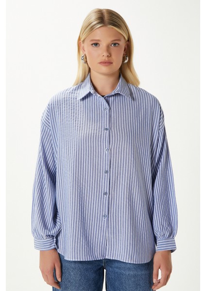 Kadın Hayes Mavi Çizgili Oversize Gömlek fırsatları
