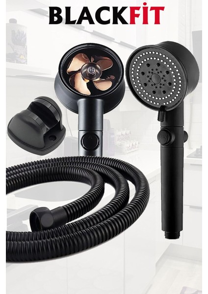 Siyah Turbo Pervaneli 5 Fonksiyonlu Duş Başlığı Duş Seti Duş Hortumu Mafsal